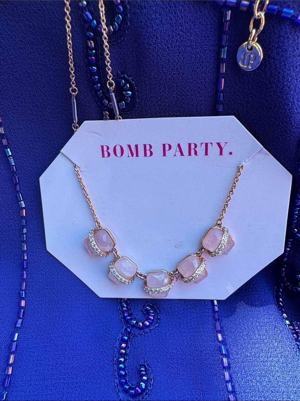 Bomb Party Genuine RoseQuartz & Diamond Cubic Zirconia Necklace Rose Gold Plate